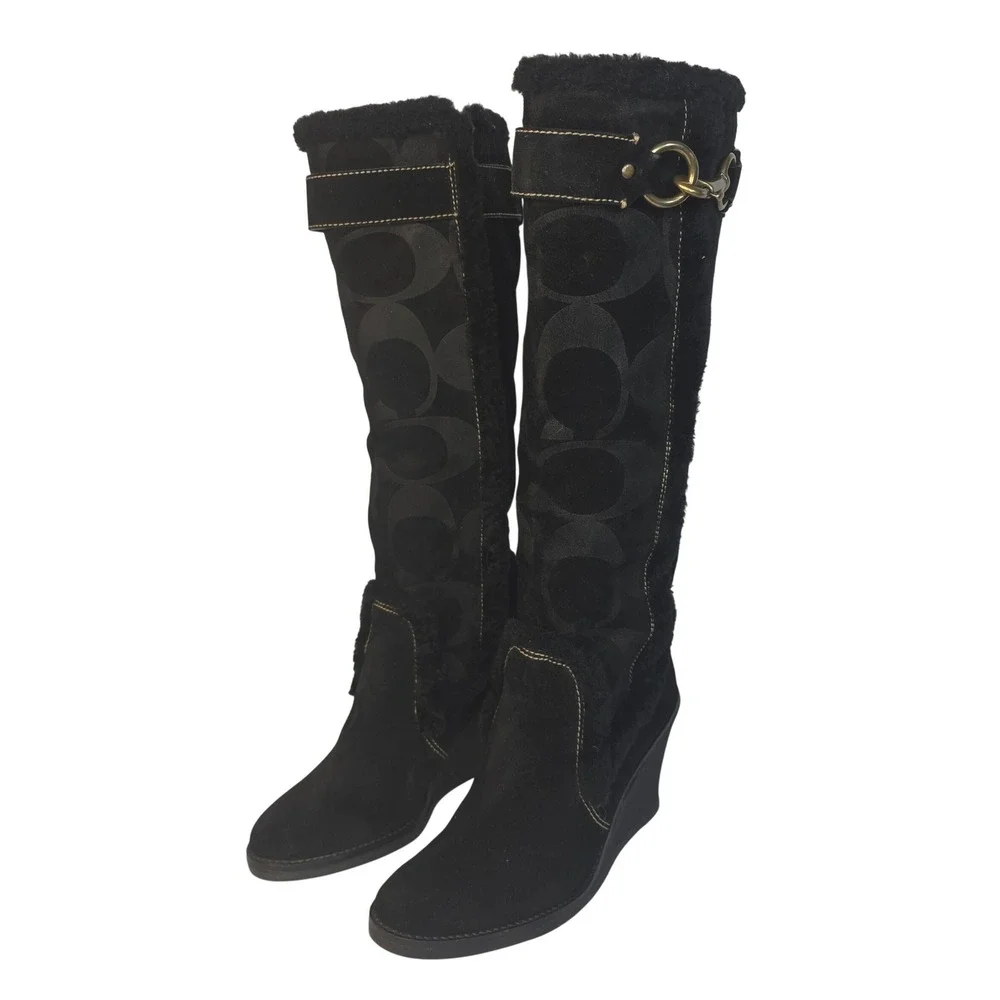 Coach Jonie Black Suede Signature Monogram Wedge Boots Womens 6.5M